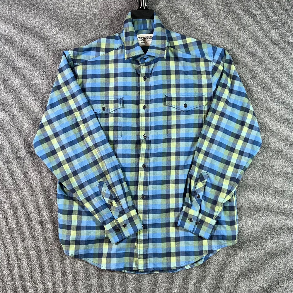 Mountain Khakis Flannel Shirt Mens L Blue Green Plaid Relaxed Fit Button Front